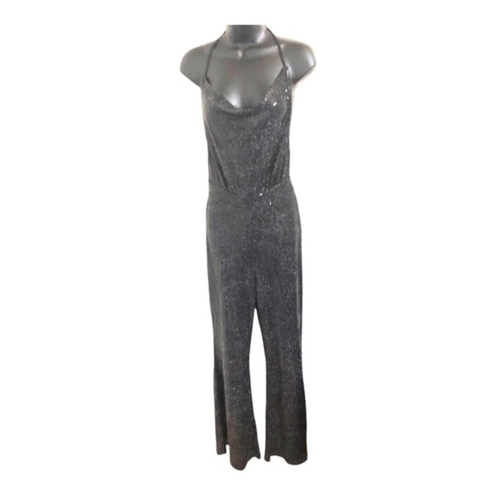 Sincerely Jules supreme black cowlneck sequin halter jumpsuit size medium‎ new